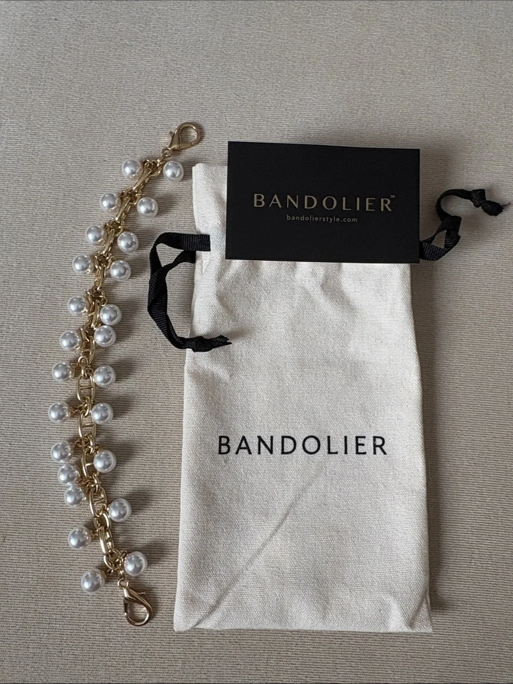 Bandolier Gold Chain Strap with White Pearls